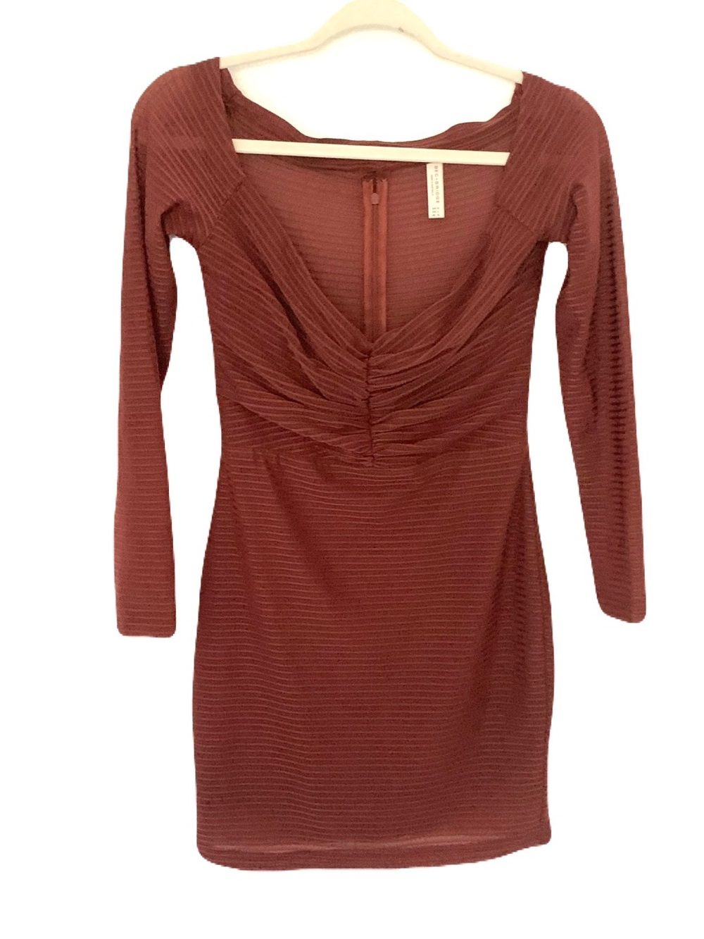 bec + bridge Women’s US 4 Rust Brown Long-Sleeve Ribbed Ruched V-Neck Mini Dress